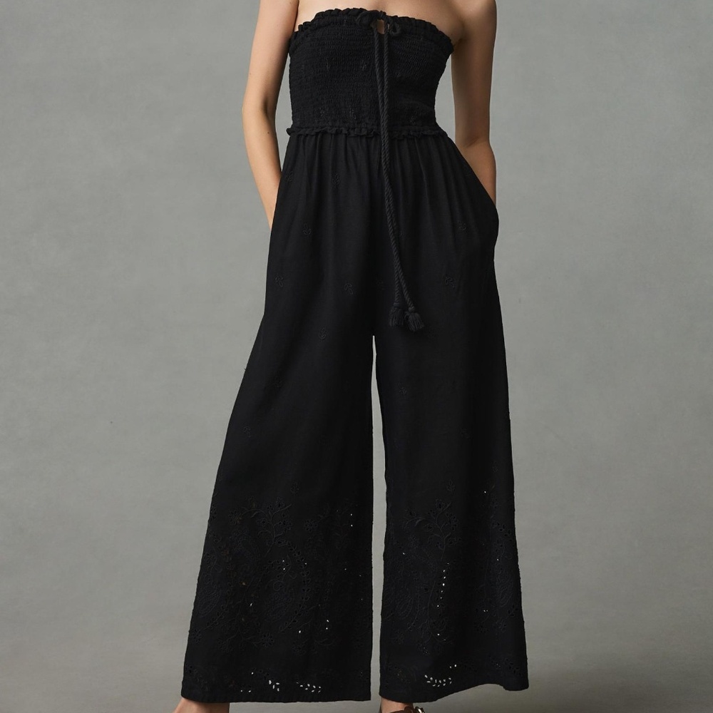 By Anthropologie Strapless Eyelet Jumpsuit Medium Black